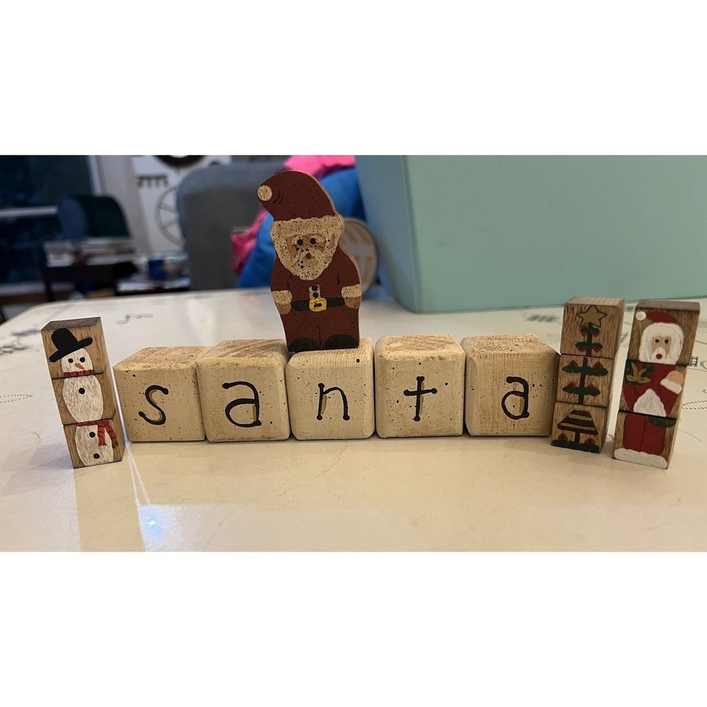 Vintage Homemade Painted Santa Blocks, Tree, Santa,  Snowman